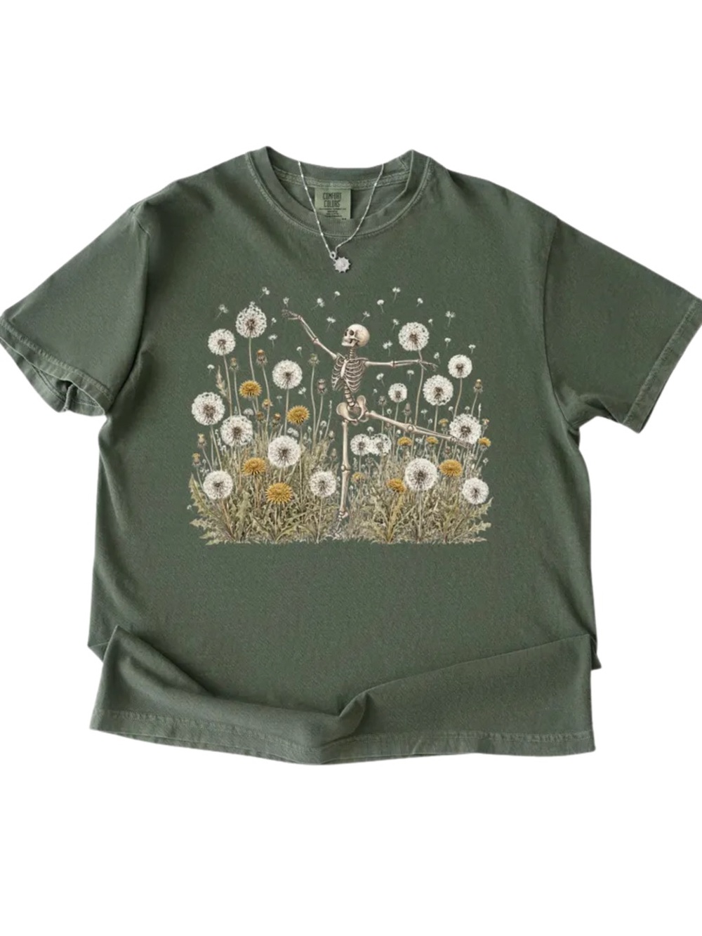 Comfort Colors Moss Green Skeleton & Dandelion Graphic Tee